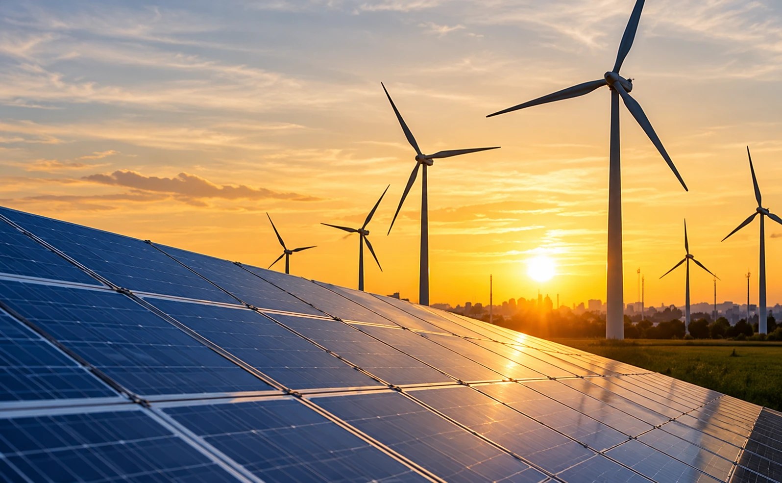 Wind turbines and solar panels at sunset