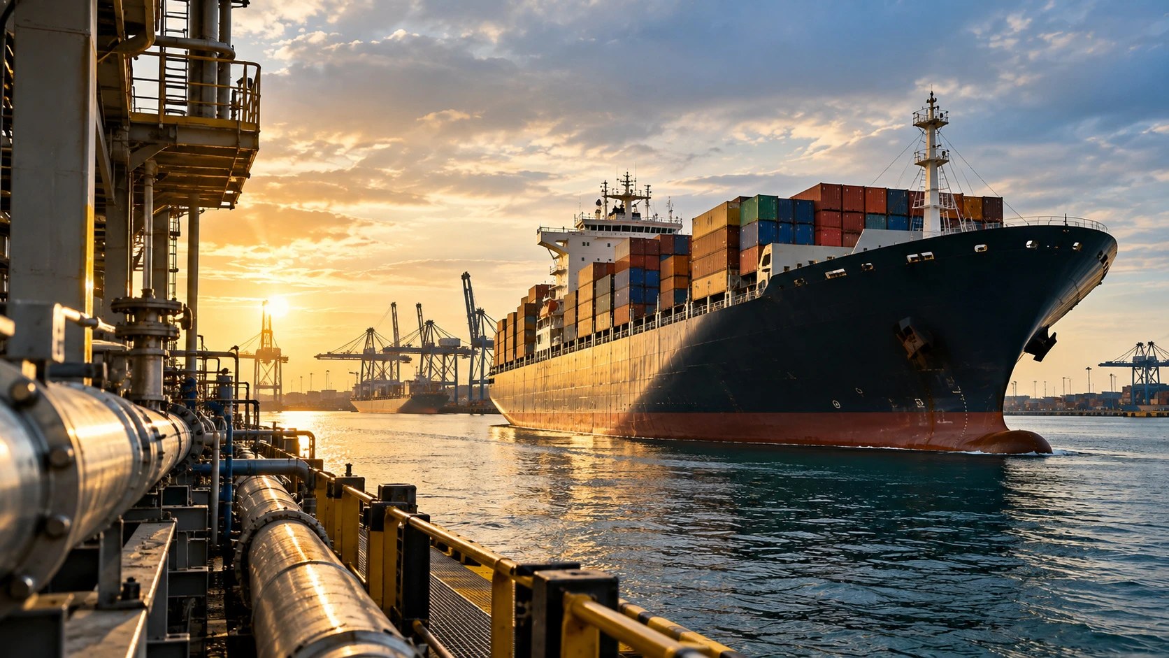 Container ship leaving port at sunrise